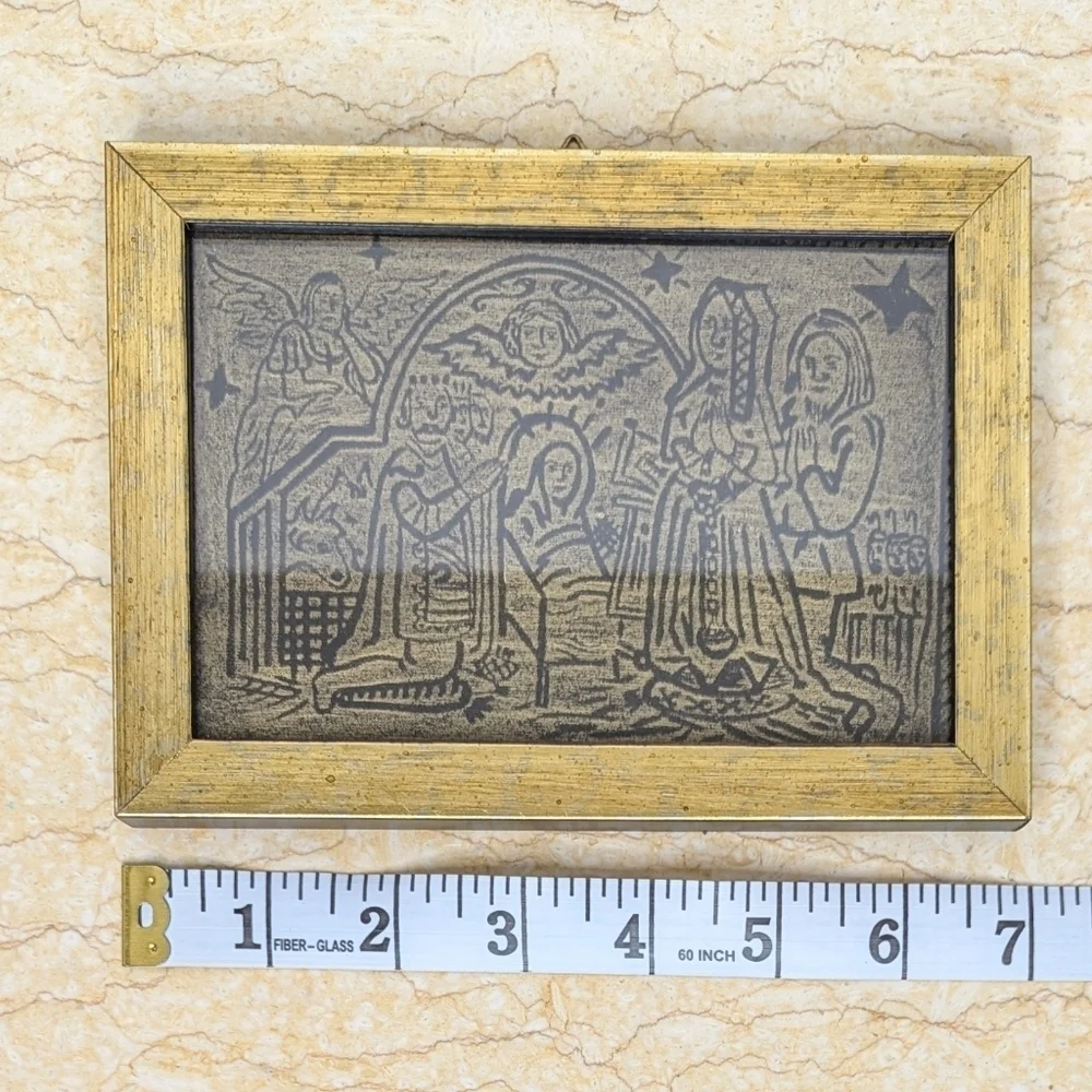 Antique Religious Engraved Copper Framed Plaque Nativity Christmas Manger Scene